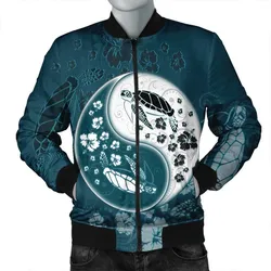 Hawaiian Hibiscus Turtle Polynesian Bomber Jacket YinYang Style - AH