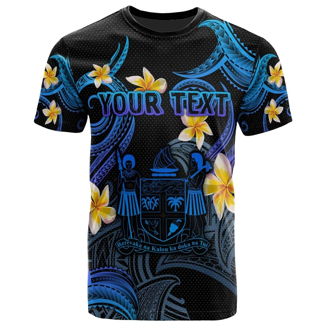 Fiji T-shirt - Custom Personalised Polynesian Waves with Plumeria Flowers (Blue)