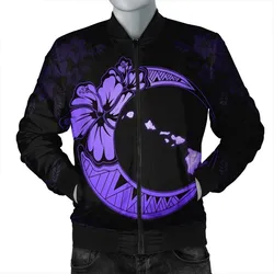 Hawaiian Map Hibiscus Turtle Polynesian Moon Bomber Jacket Purple - AH