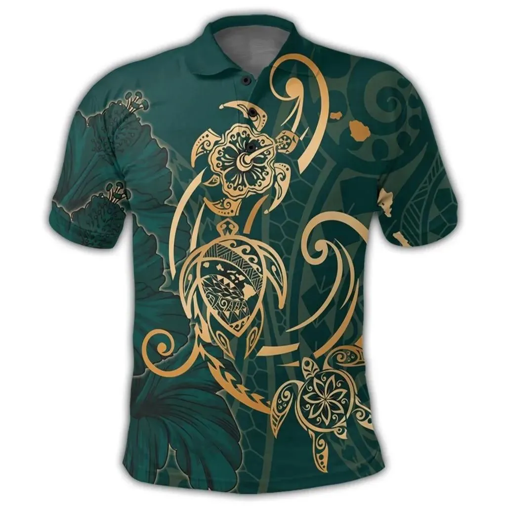 Alohawaii Shirt - Hawaii Triple Marble Turtle Polynesian Hibiscus Polo Shirt - AH - Benjamin Style - Green - J5R