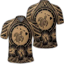 Hawaiian Map Honu Hibiscus Tropic Gold Polynesian Polo Shirt - AH