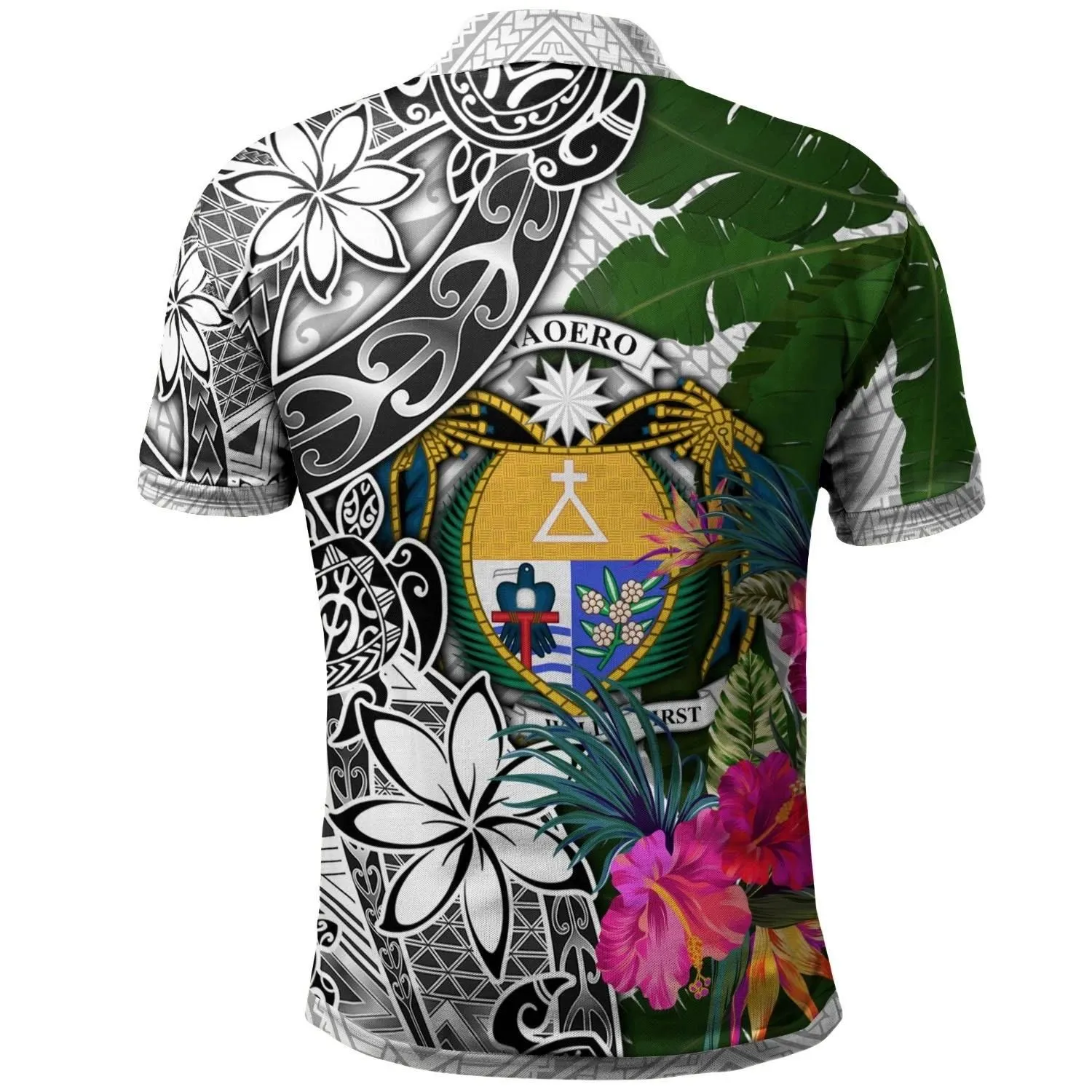 Nauru Polo Shirt White - Turtle Plumeria Banana Leaf Crest - BN11