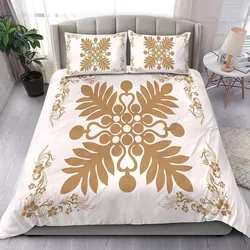 Alohawaii Home Set - Hawaiian Quilt Maui Plant And Hibiscus Pattern Bedding Set - Gold White - AH J8