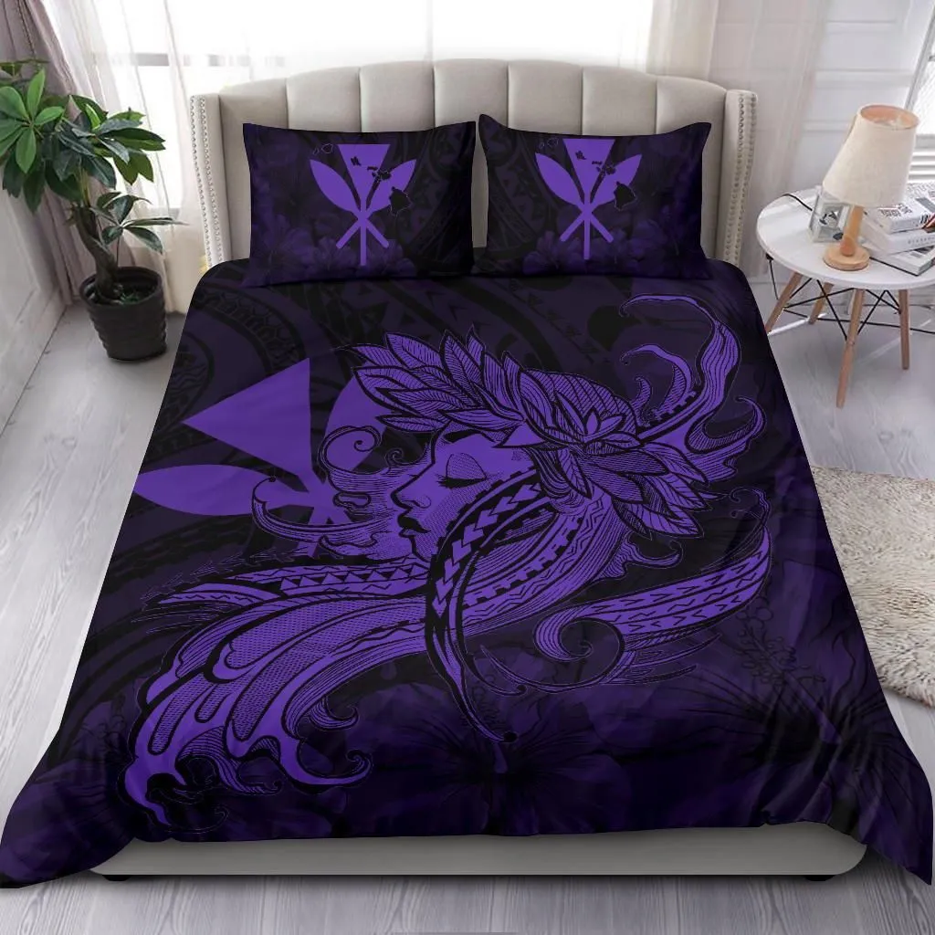 Alohawaii Home Set - Hawaiian Map Hula Girl Hibiscus Kanaka Polynesian Bedding Set- Purple - AH J4