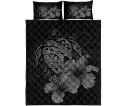Alohawaii Home Set - Hawaiian Map Turtle Hibiscus Polynesian Quilt Bedding Set - Gray - AH J9
