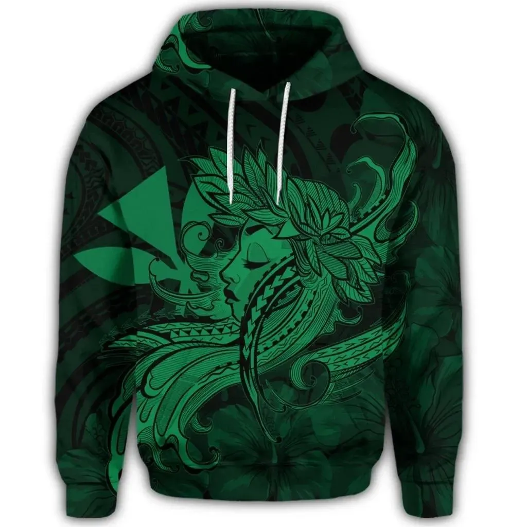 Alohawaii Hoodie - Hawaiian Map Hula Girl Hibiscus Kanaka Polynesian Hoodie - Green - AH - J4R