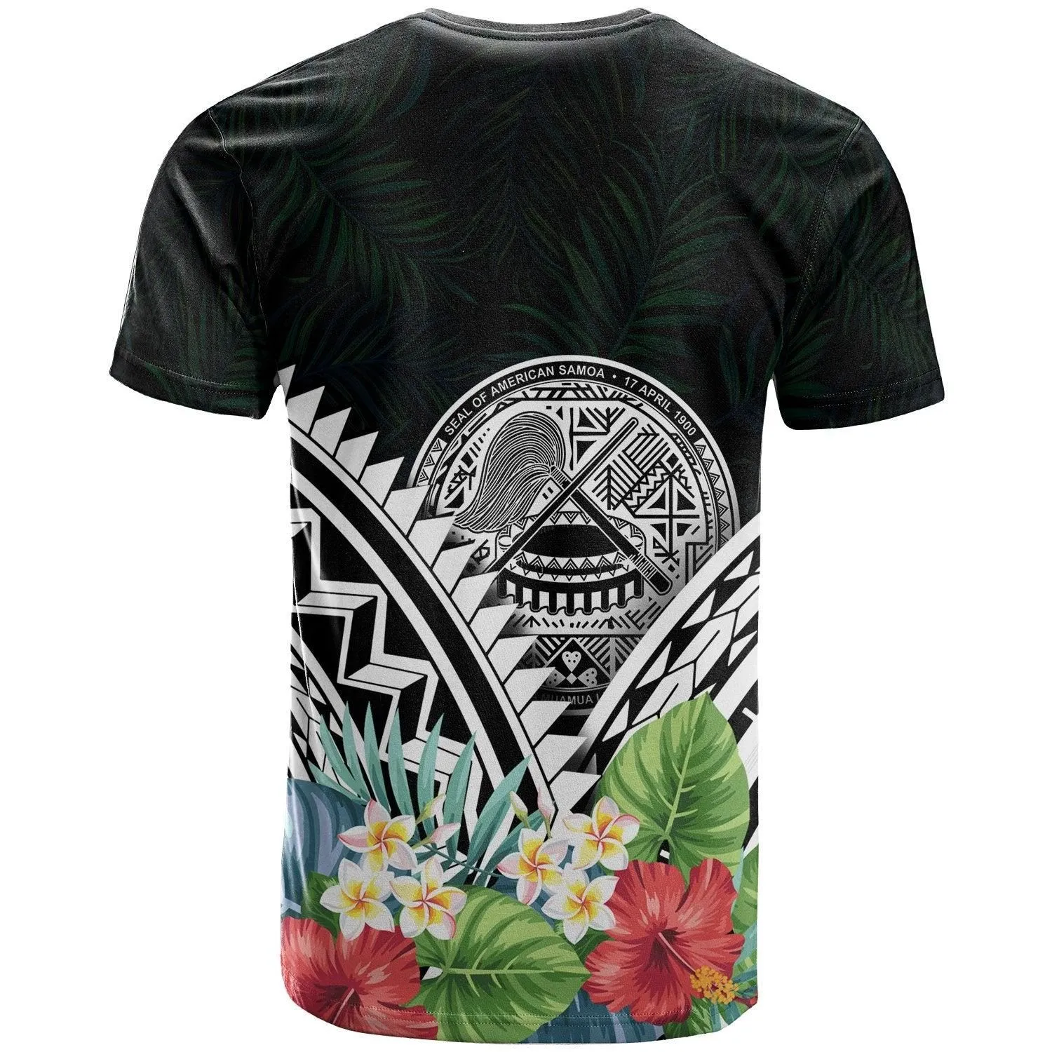 American Samoa Polynesian T-Shirts - American Samoa Coat of Arms & Polynesian Tropical Flowers White