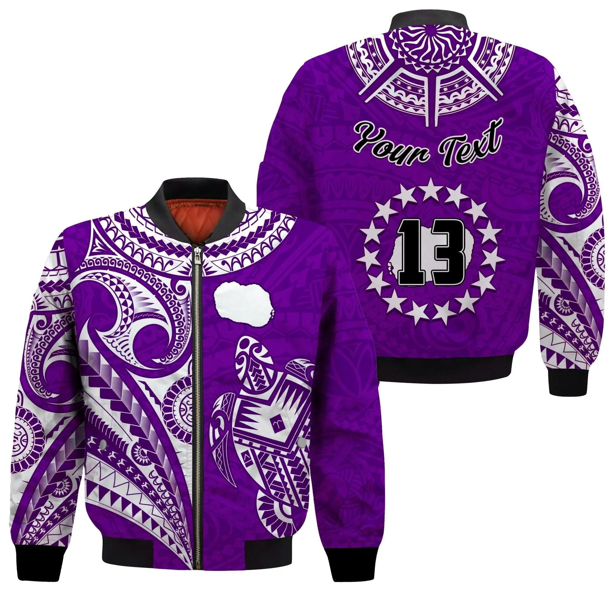 (Custom Text and Number) Rarotonga Cook Islands Bomber Jacket Turtle and Map Style Purple LT13