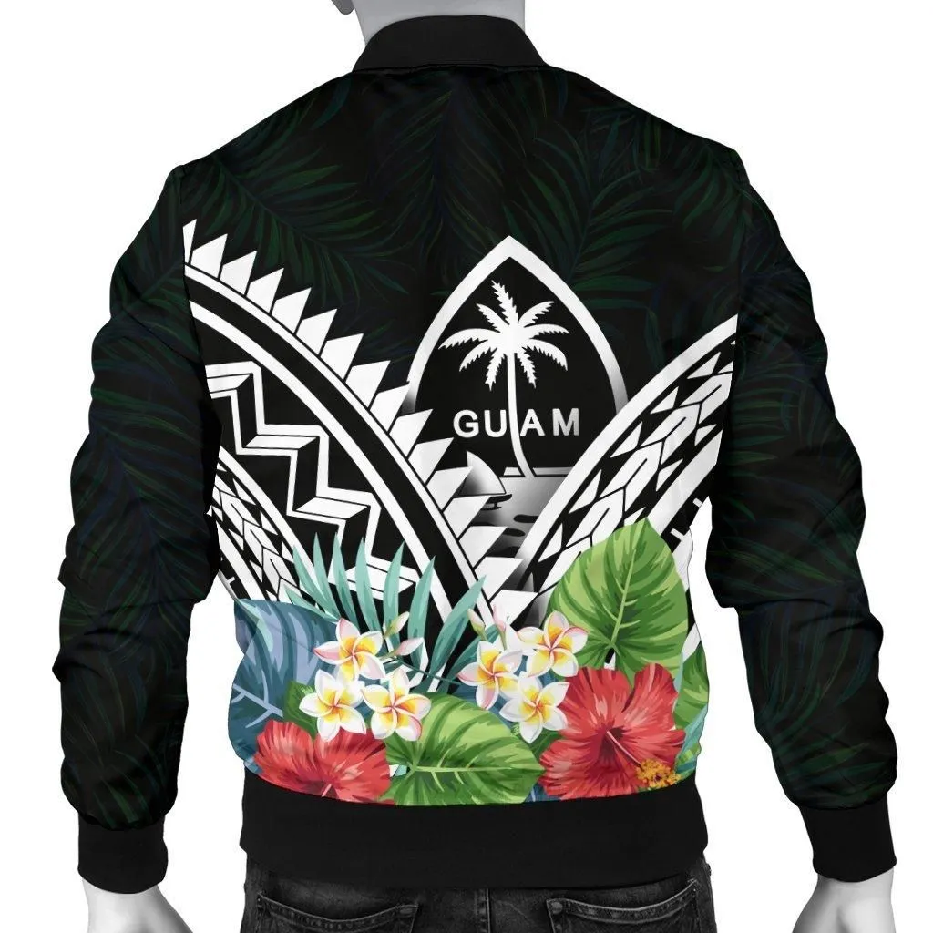Guam Mens Bomber Jacket - Guam Coat of Arms and Polynesian Tropical Flowers White