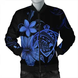 Hawaiian Map Turtle Hibiscus Plumeria Polynesian Bomber Jacket - Blue