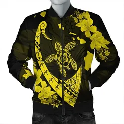 FamilyGater Jacket - Hawaiian Map Hibiscus Turtle Fish Hook Polynesian Bomber Jacket Yellow - AH - J5R