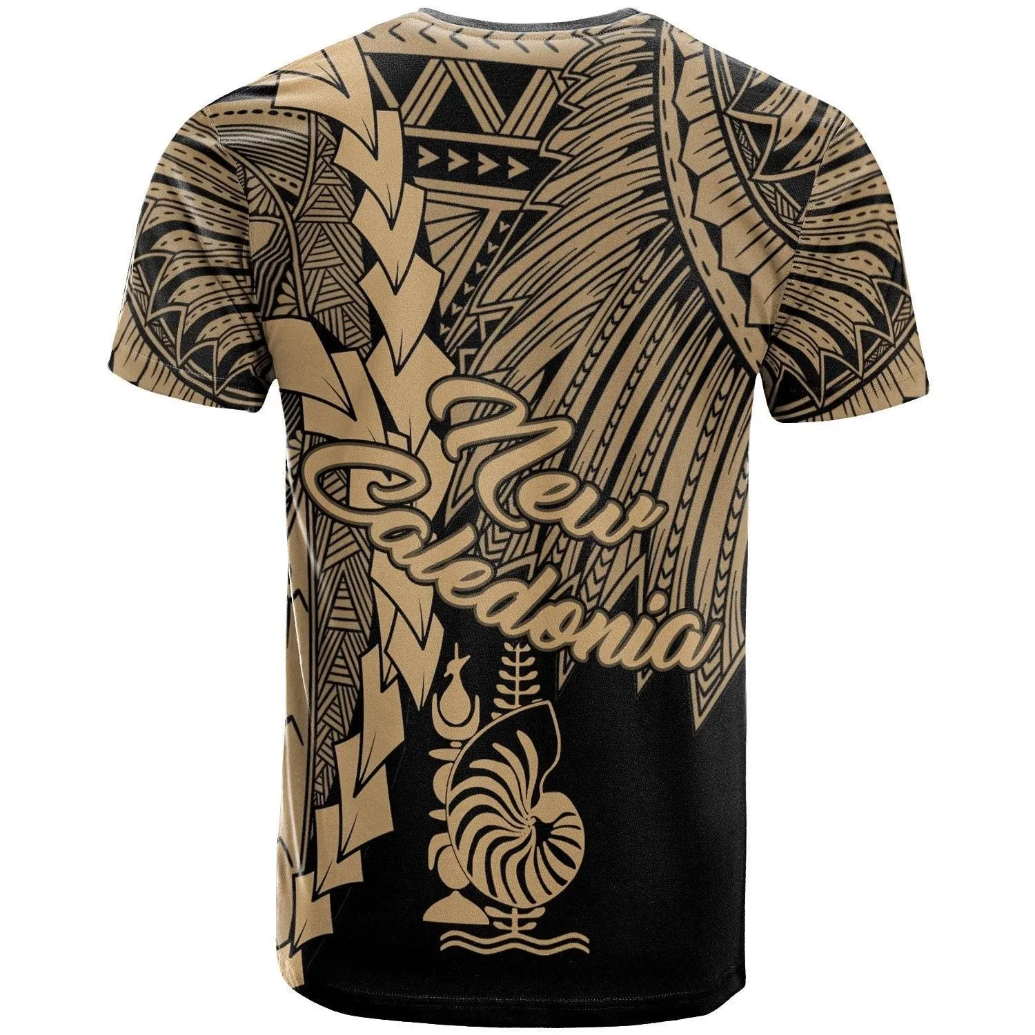 New Caledonia Polynesian Custom Personalised T-Shirt - Tribal Wave Tattoo Gold