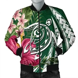 FamilyGater Jacket - Hawaii Polynesian Turtle Tropical Hibiscus Plumeria Bomber Jacket - Green - AH - J4R