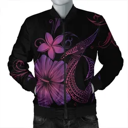 Hawaiian Fish Hook Hibiscus Plumeria Polynesian Bomber Jacket - Pink