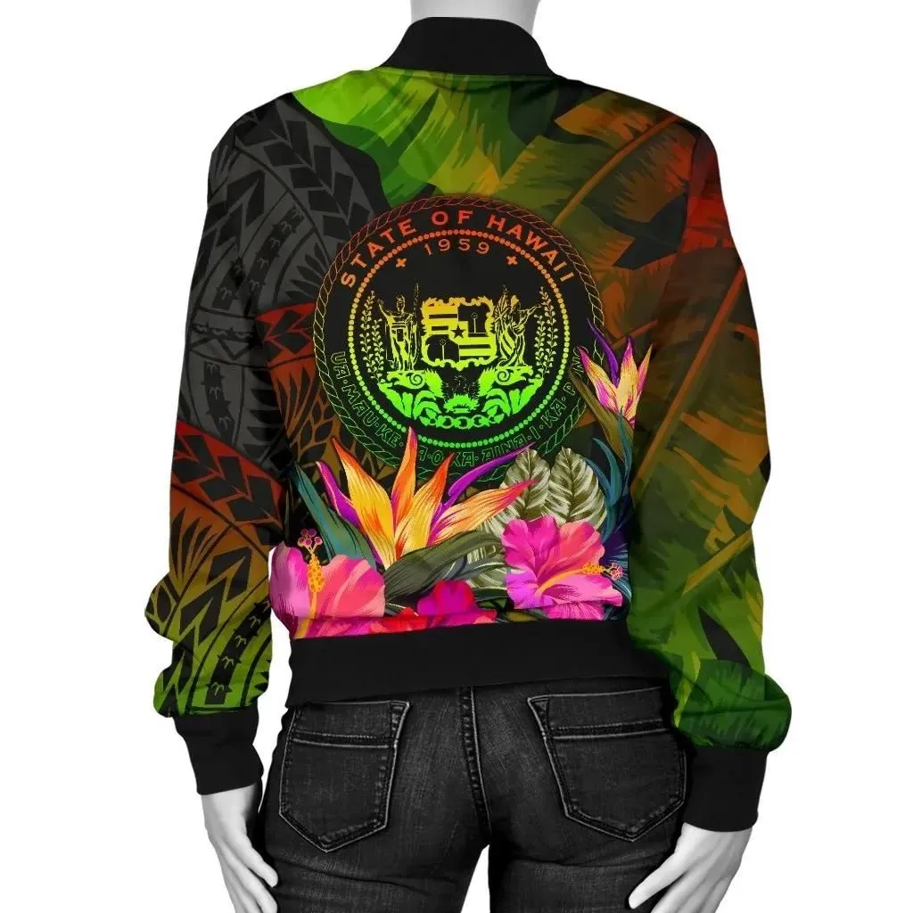 Polynesian Hawaii Polynesian Personalised Women's Bomber Jacket -  Hibiscus and Banana Leaves - BN15