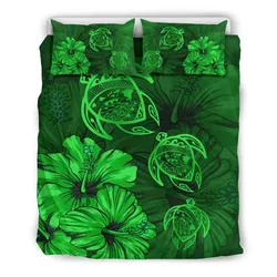 FamilyGater Home Set - Hawaiian Map Turtle  Hibiscus Vintage Polynesian Bedding Set Green - AH - J9
