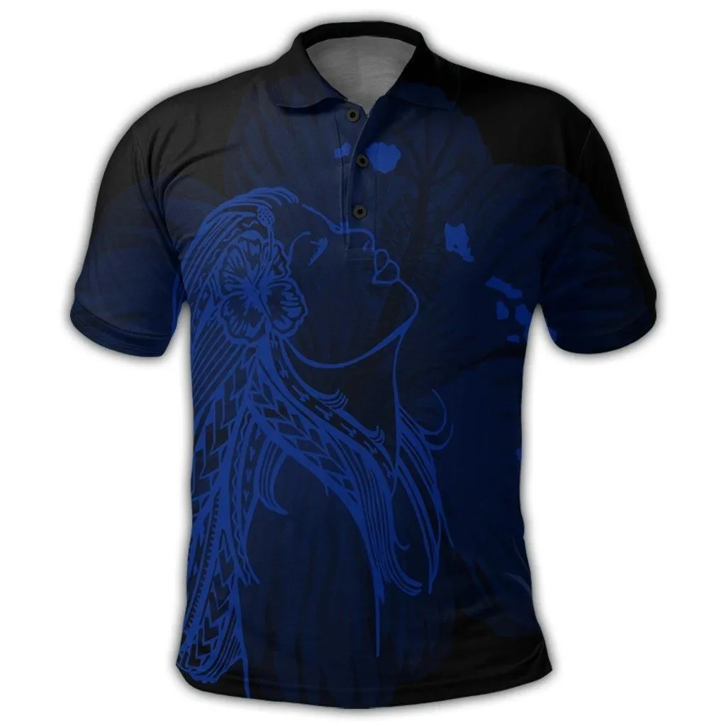 Hawaiian Map Heart Hula Girl Hibiscus Blue Polynesian Polo Shirt