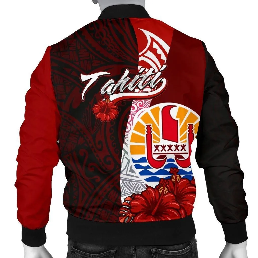 Tahiti Polynesian Mens Bomber Jacket - Coat Of Arm With Hibiscus