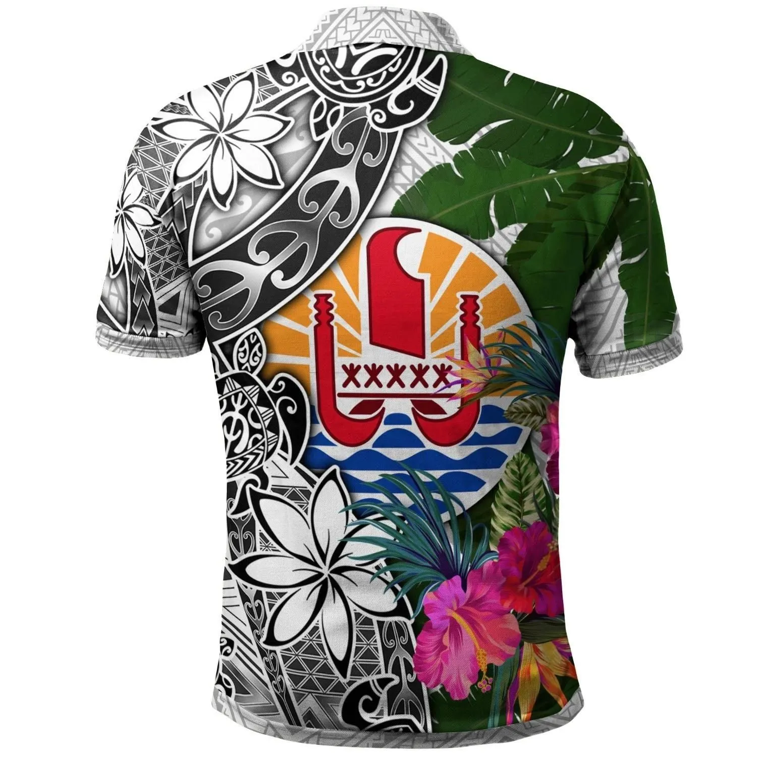 Tahiti Polo Shirt White - Turtle Plumeria Banana Leaf - BN11
