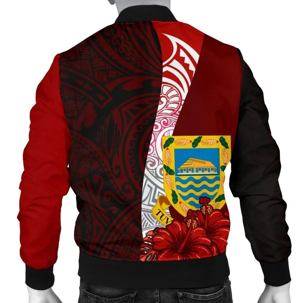 Tuvalu Polynesian Custom Personalised Mens Bomber Jacket - Coat Of Arm With Hibiscus