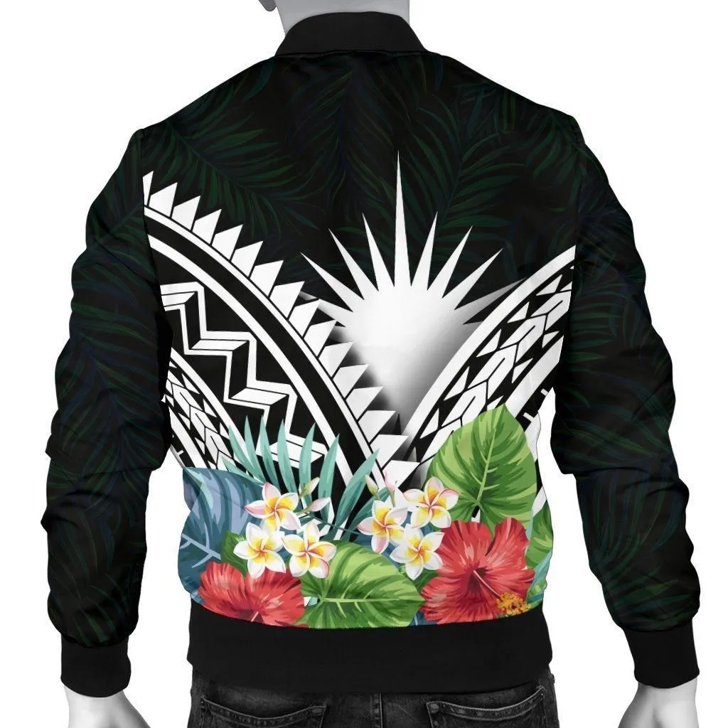 Marshall Islands Mens Bomber Jacket - Marshall Islands Coat of Arms and Polynesian Tropical Flowers White