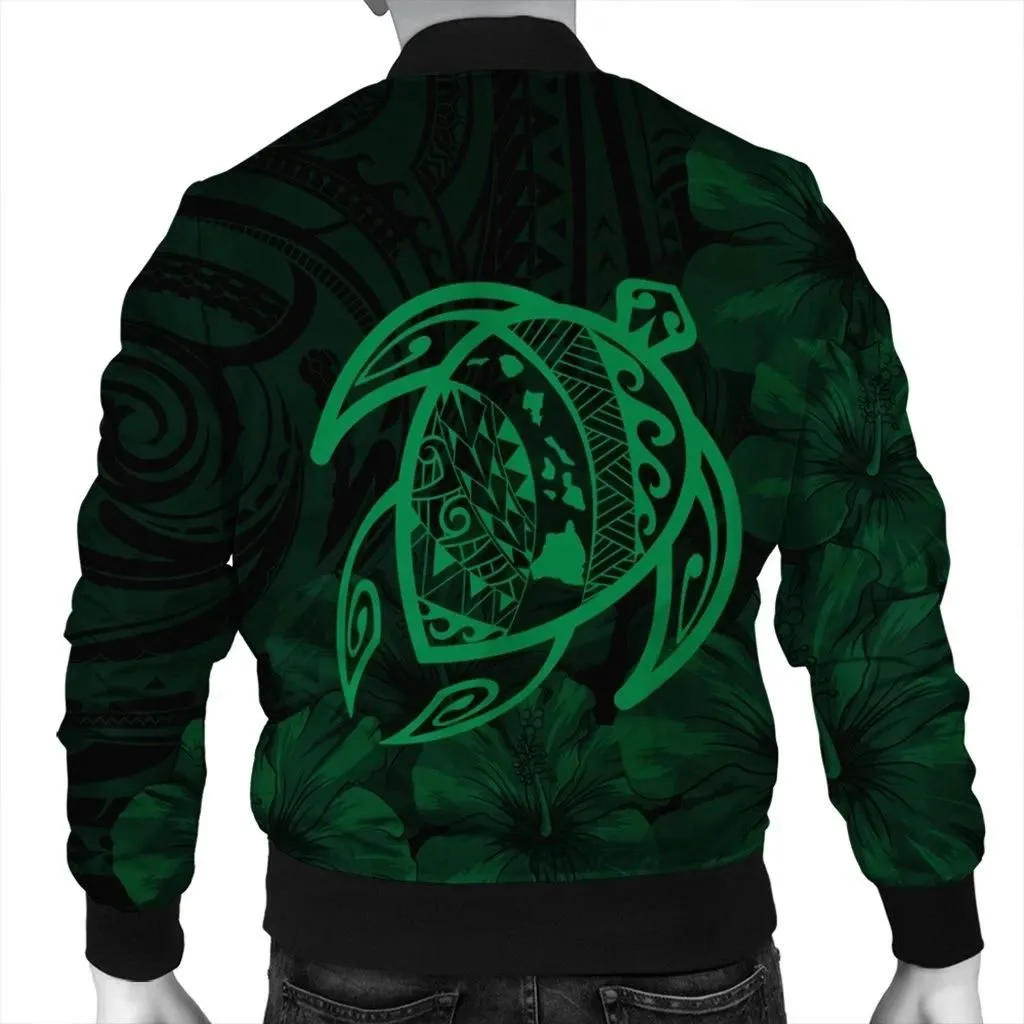 Alohawaii Jacket - Hawaiian Map Turtle Kanaka Hibiscus Polynesian Bomber Jacket - Green - AH - J4R