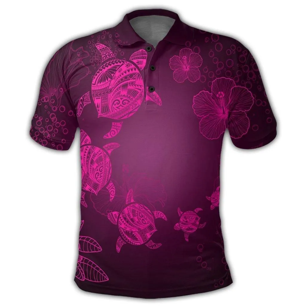 Hawaiian Plumeria Hibiscus Turtle Under Sea Polynesian Polo Shirt Pink