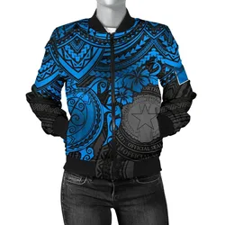 Northern Mariana Islands Polynesian Bomber Jacket (Women) - Blue Turtle - BN1518