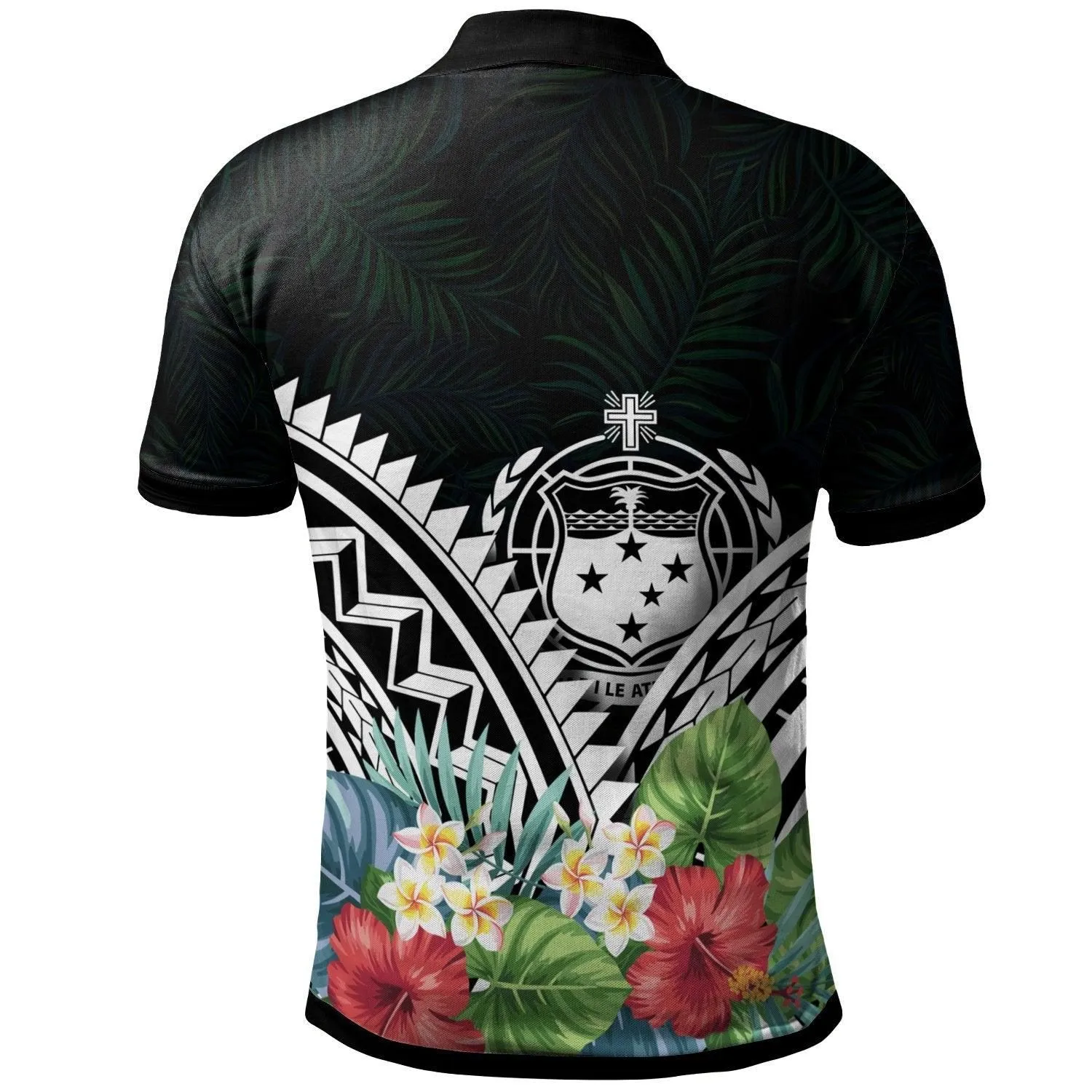 Samoa Polo Shirt -Samoa Coat of Arms & Polynesian Tropical Flowers White