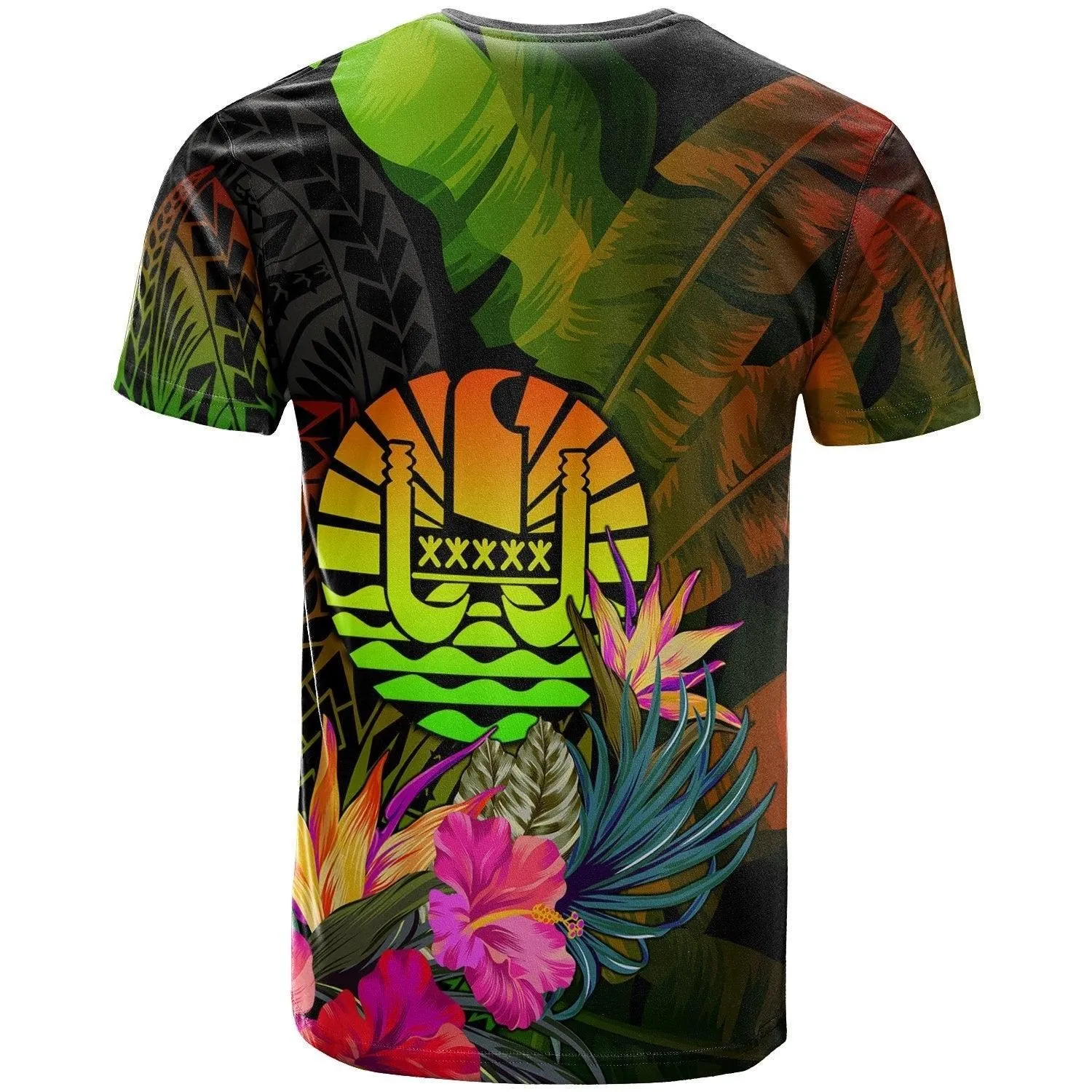 Tahiti Polynesian T shirt - Hibiscus and Banana Leaves