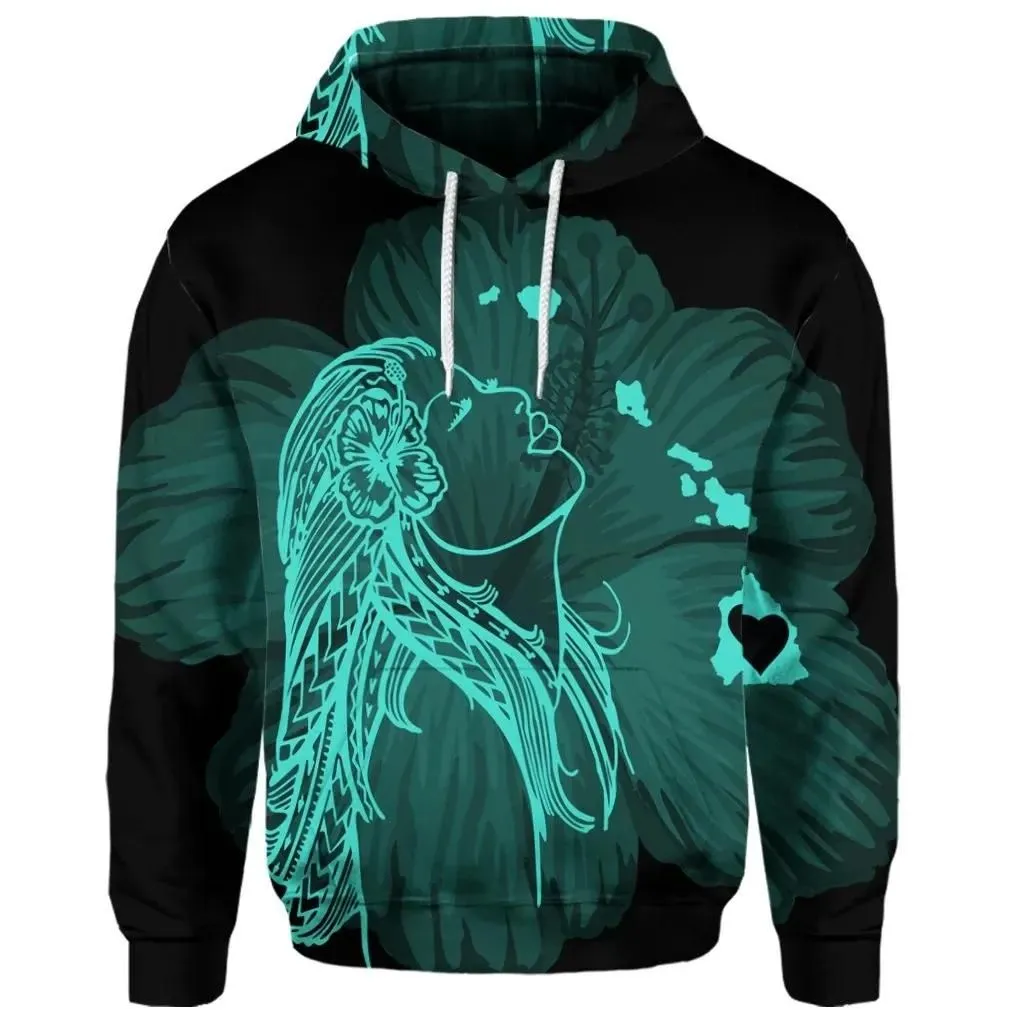 Alohawaii Hoodie - (Personalised) Hawaiian Map Heart Hula Girl Hibiscus Turquoise Polynesian Hoodie - AH - J4R