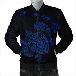 Hawaiian Map Turtle Ohana Hibicus Polynesian Bomber Jacket - Blue