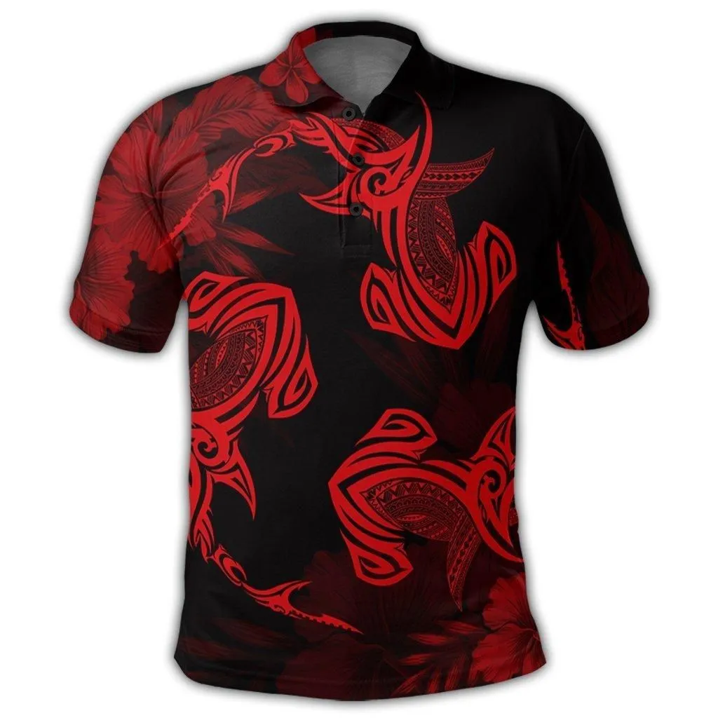 Hawaiian Hammerhead Shark Hibiscus Red Polynesian Polo Shirt