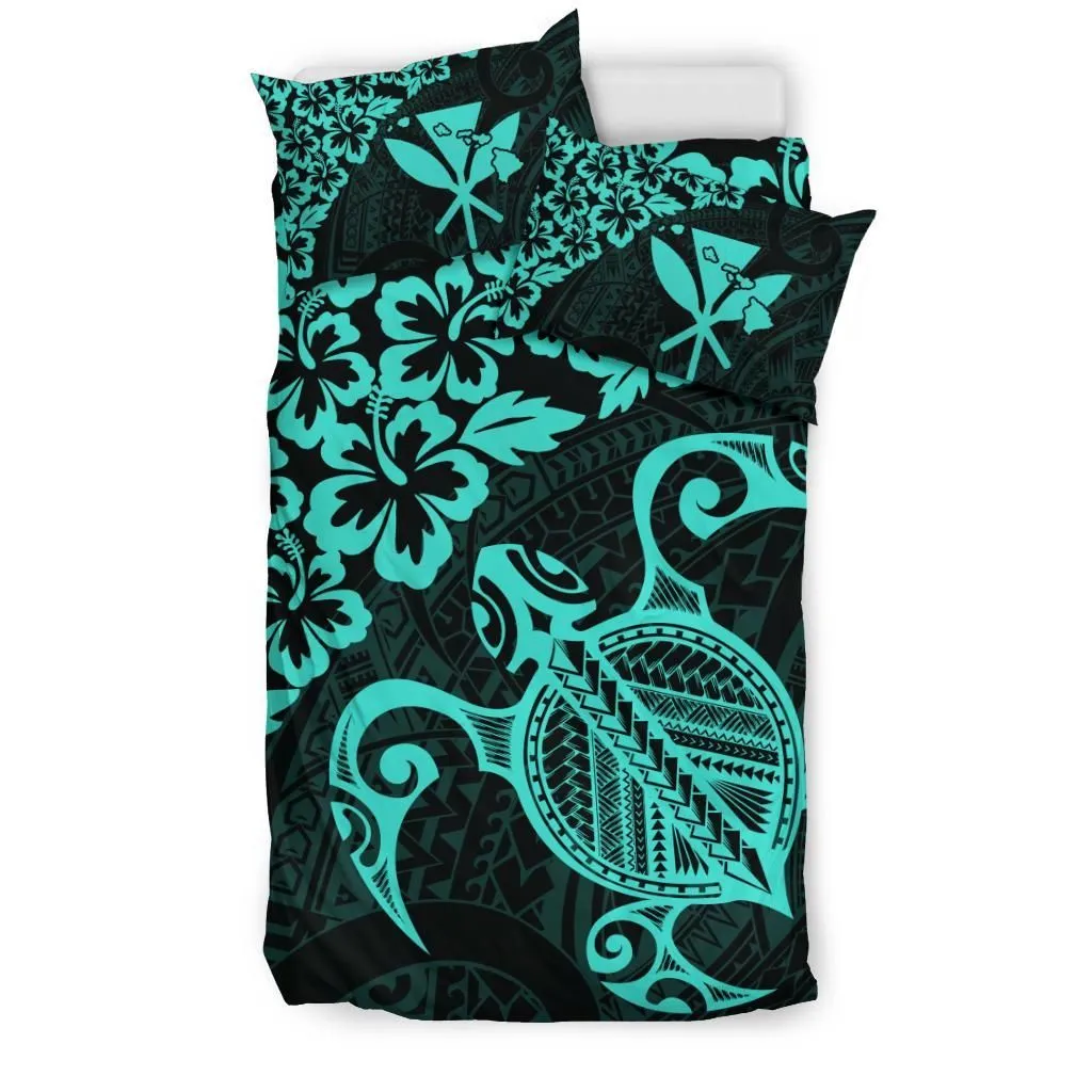 FamilyGater Home Set - Hawaiian Map Turtle Hibiscus Kanaka Polynesian Bedding Set - Turquoise - AH J4