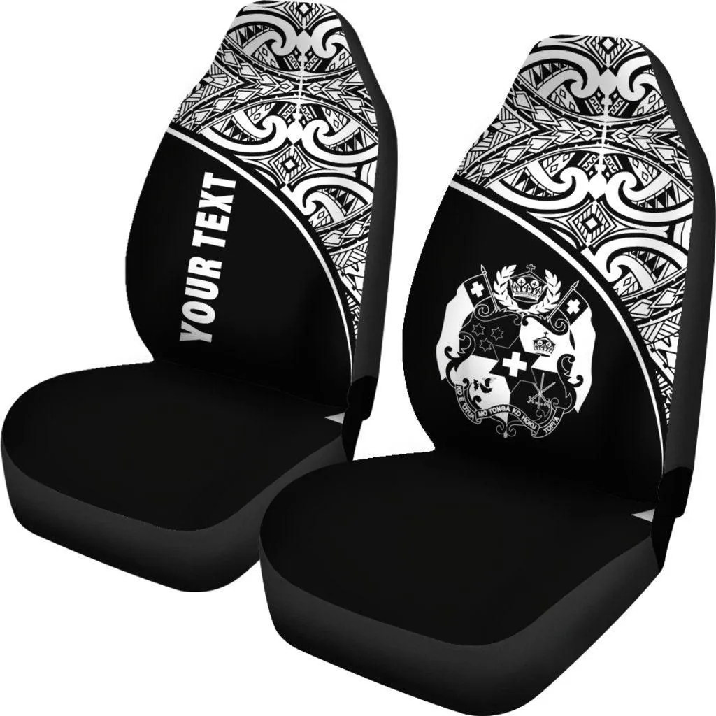 Tonga Custom Personalised Car Seat Covers - Tonga Coat Of Arms Polynesian White Curve