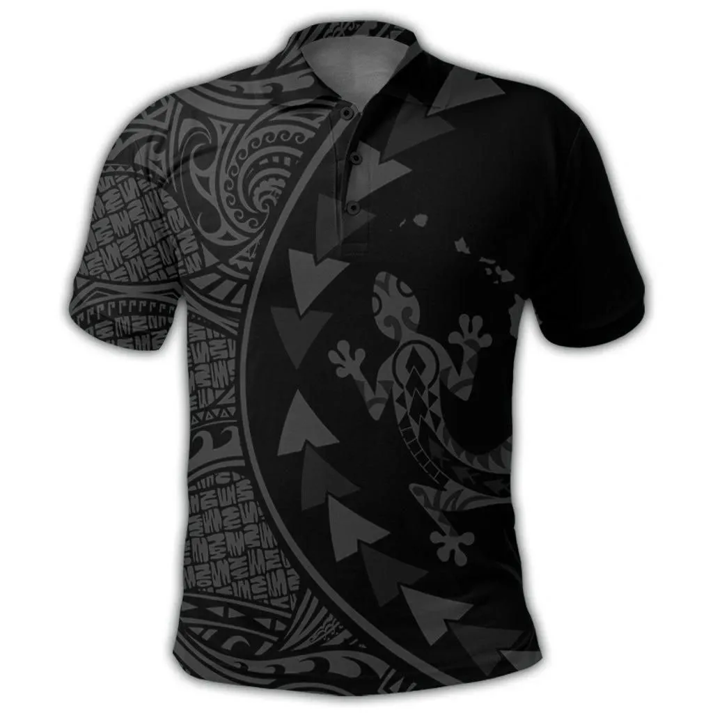 Alohawaii Shirt - Hawaiian Map Gecko Tattoo Kakau Polynesian Polo Shirt Gray AH - J0R