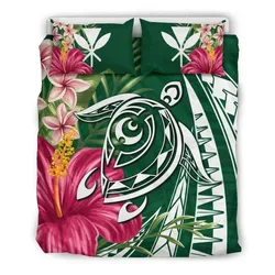 FamilyGater Home Set - Hawaii Polynesian Turtle Tropical Hibiscus Plumeria Bedding Set - Green - AH - J4