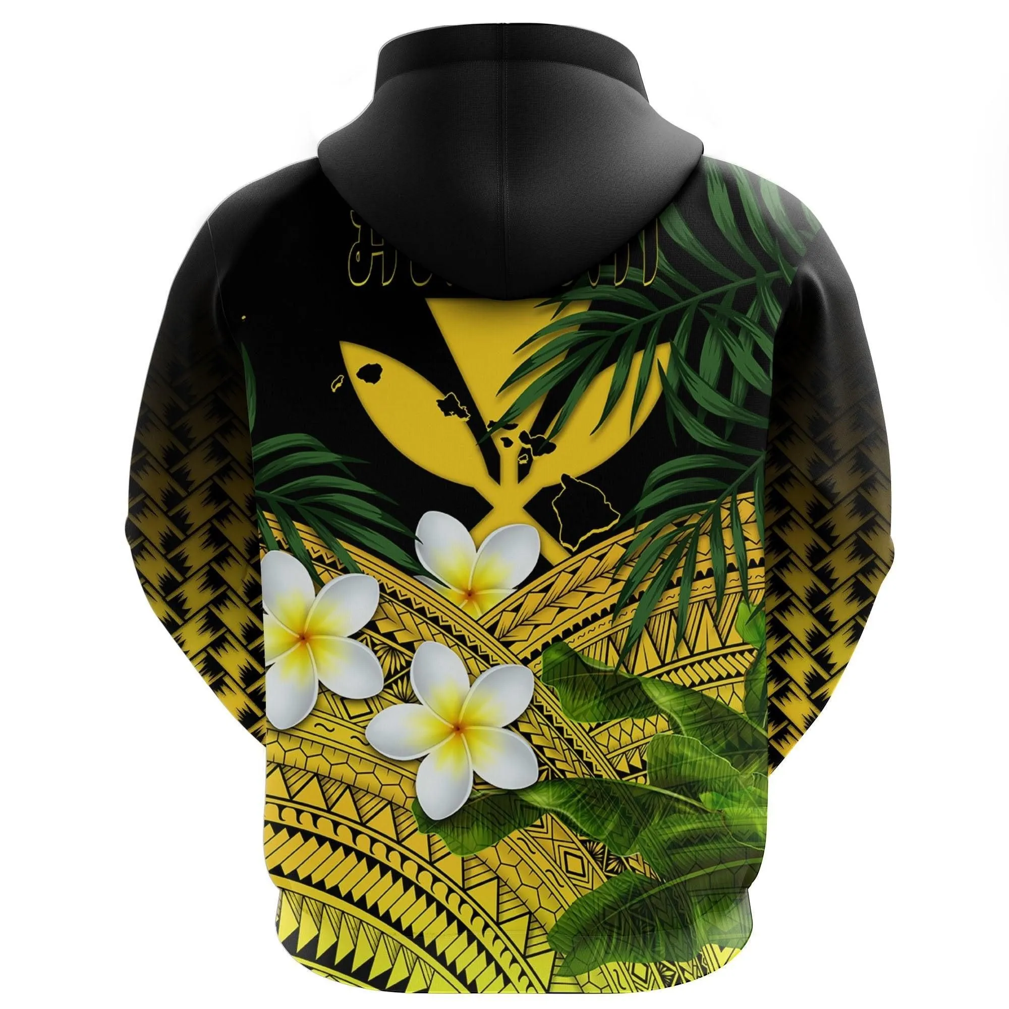 Kanaka Maoli (Hawaiian) Hoodie, Polynesian Plumeria Banana Leaves Yellow