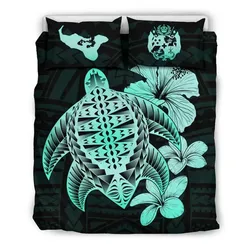 Alohawaii Bedding Set - Cover and Pillow Cases Tongan Hibiscus Plumeria Mix Polynesian Turtle Turquoise J1