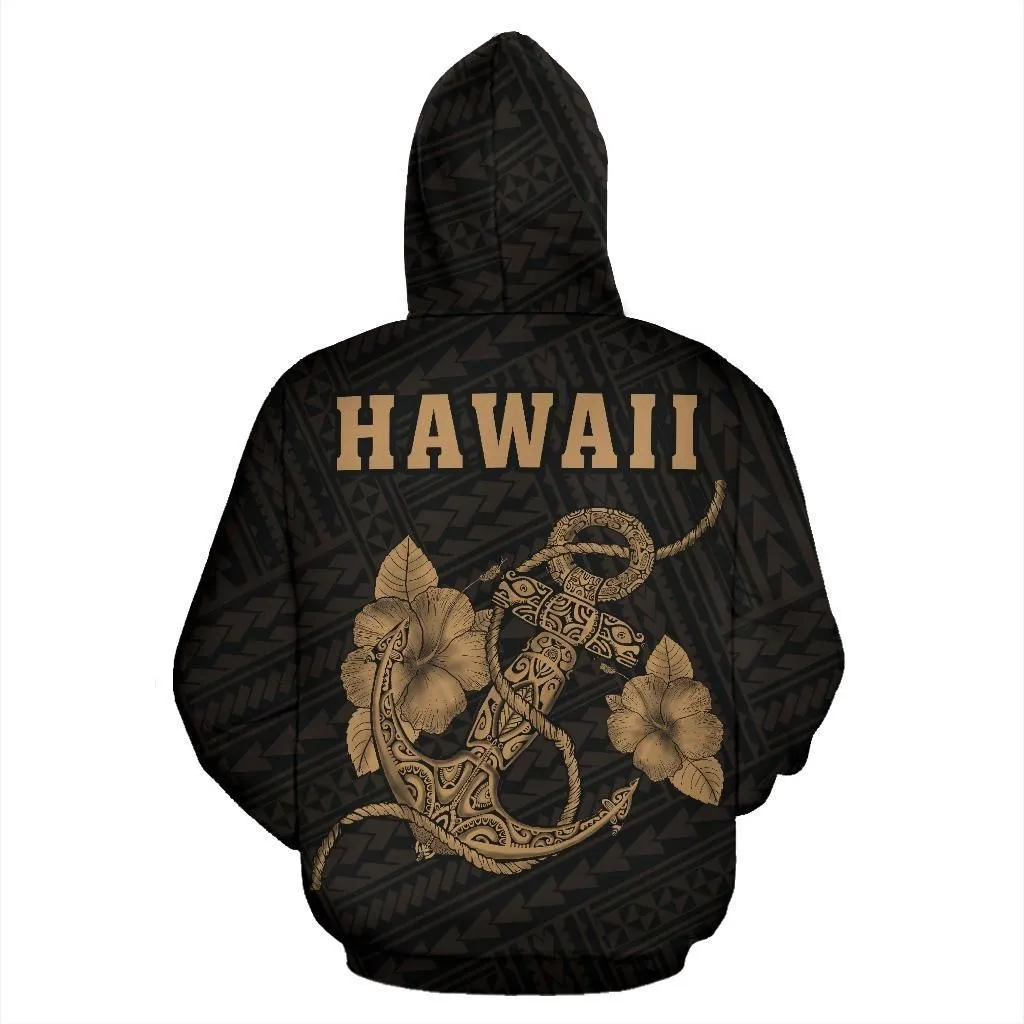 Polynesian Kakau Anchor Hibiscus Hawaii Hoodie Gold