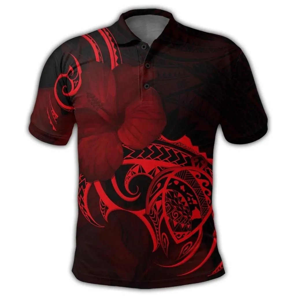 Alohawaii Shirt - Hawaii Map Turtle Hibiscus Divise Polynesian Polo Shirt Red - AH - JR