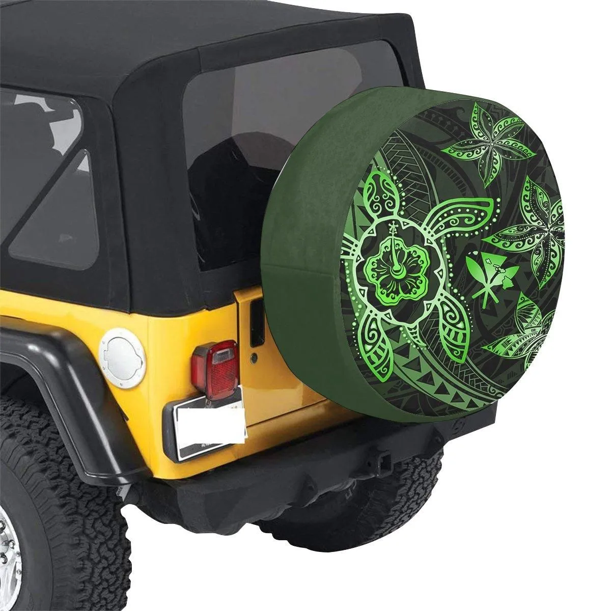 Kanaka Map Hibiscus Plumeria Turtle Art Green Polynesian Spare Tire Cover AH