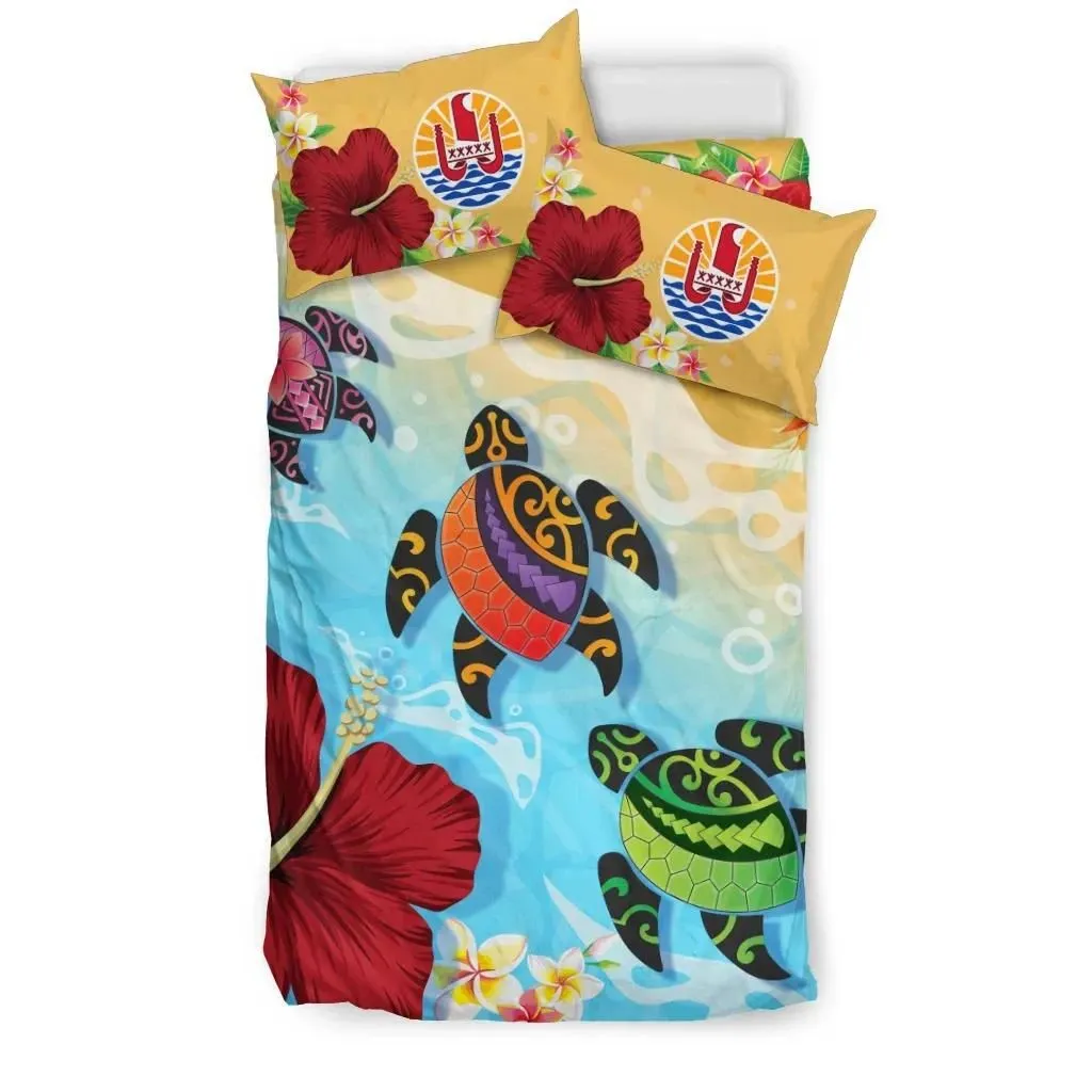 FamilyGater Bedding Set - Cover and Pillow Cases Tahiti Duvet Covers - Turtle Polynesian Hibiscus A10