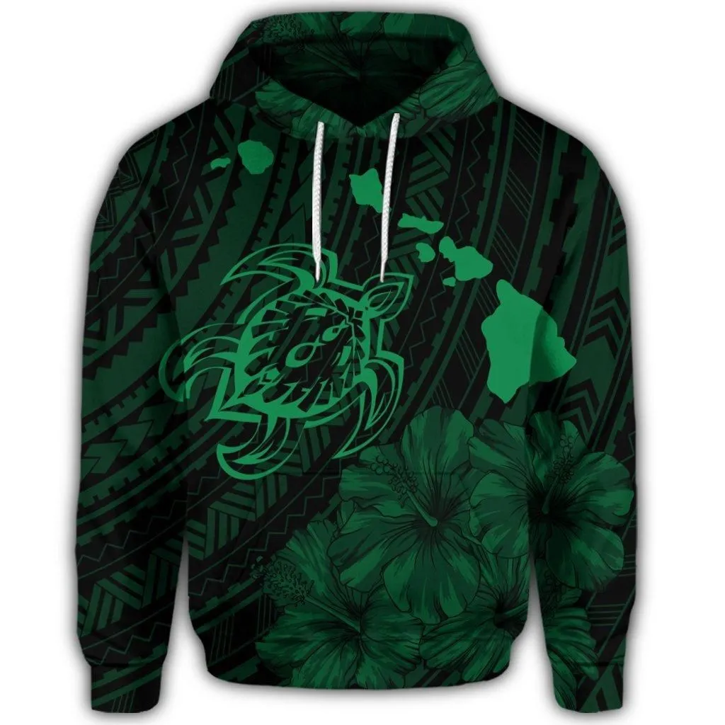 Hawaiian Hibiscus Sea Turtle Swim Polynesian Hoodie - Green - AH