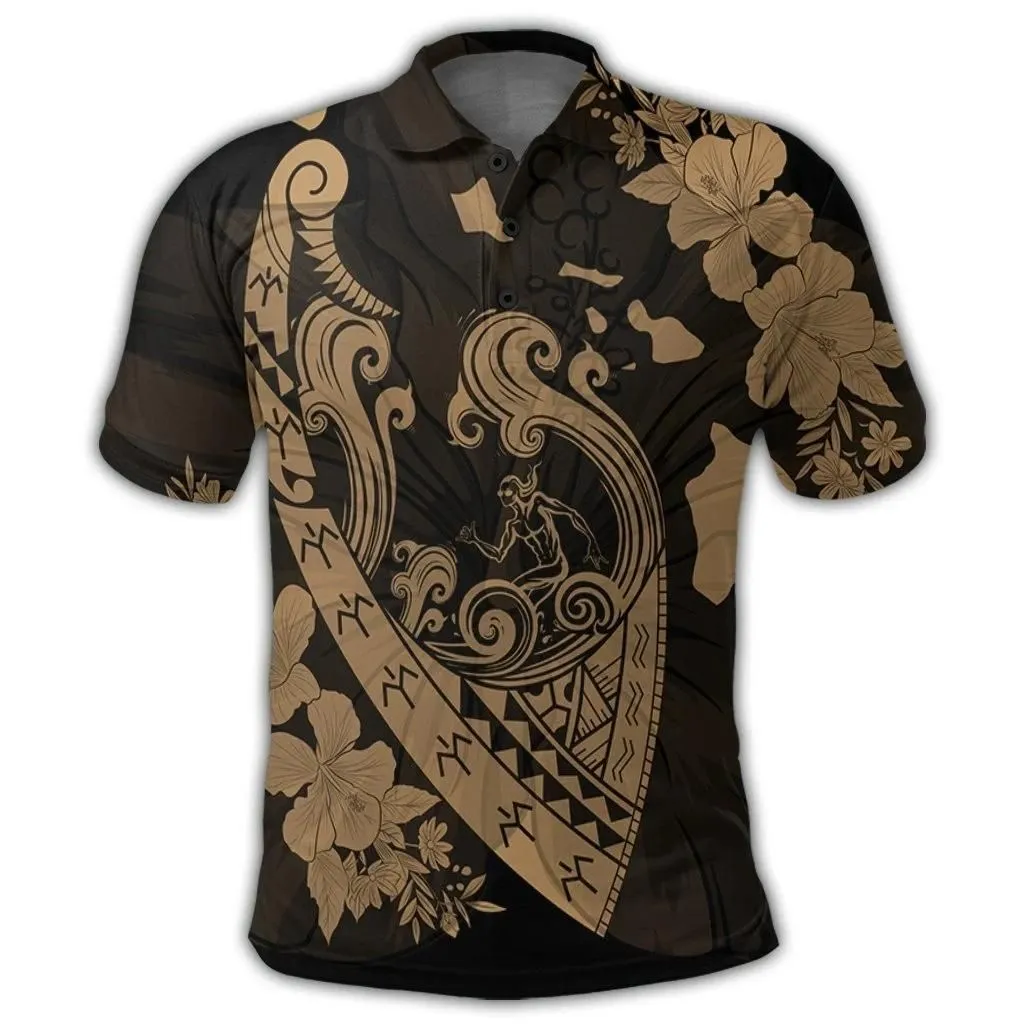 Alohawaii Shirt - Hawaiian Fish Hook Hibiscus Banzai Surfing Polynesian Polo Shirt Gold - AH - J5R