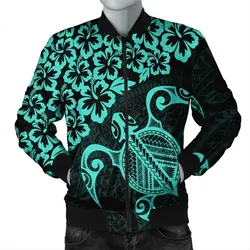 FamilyGater Jacket - Hawaiian Map Turtle Hibiscus Kanaka Polynesian Bomber Jacket - Turquoise - AH - J4R