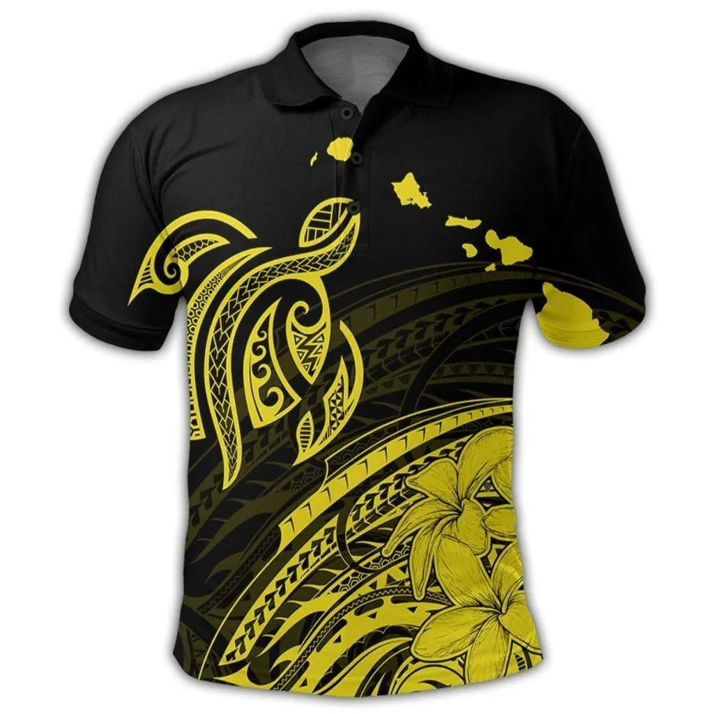 Hawaii Turtle Polynesian Map Plumeria Yellow Polo Shirt