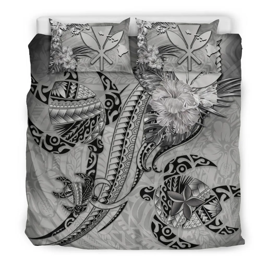 Alohawaii Bedding Set - Cover and Pillow Cases Kanaka Maoli Hawaii - Turtle Tribal Tattoo with Hibiscus Gray K4