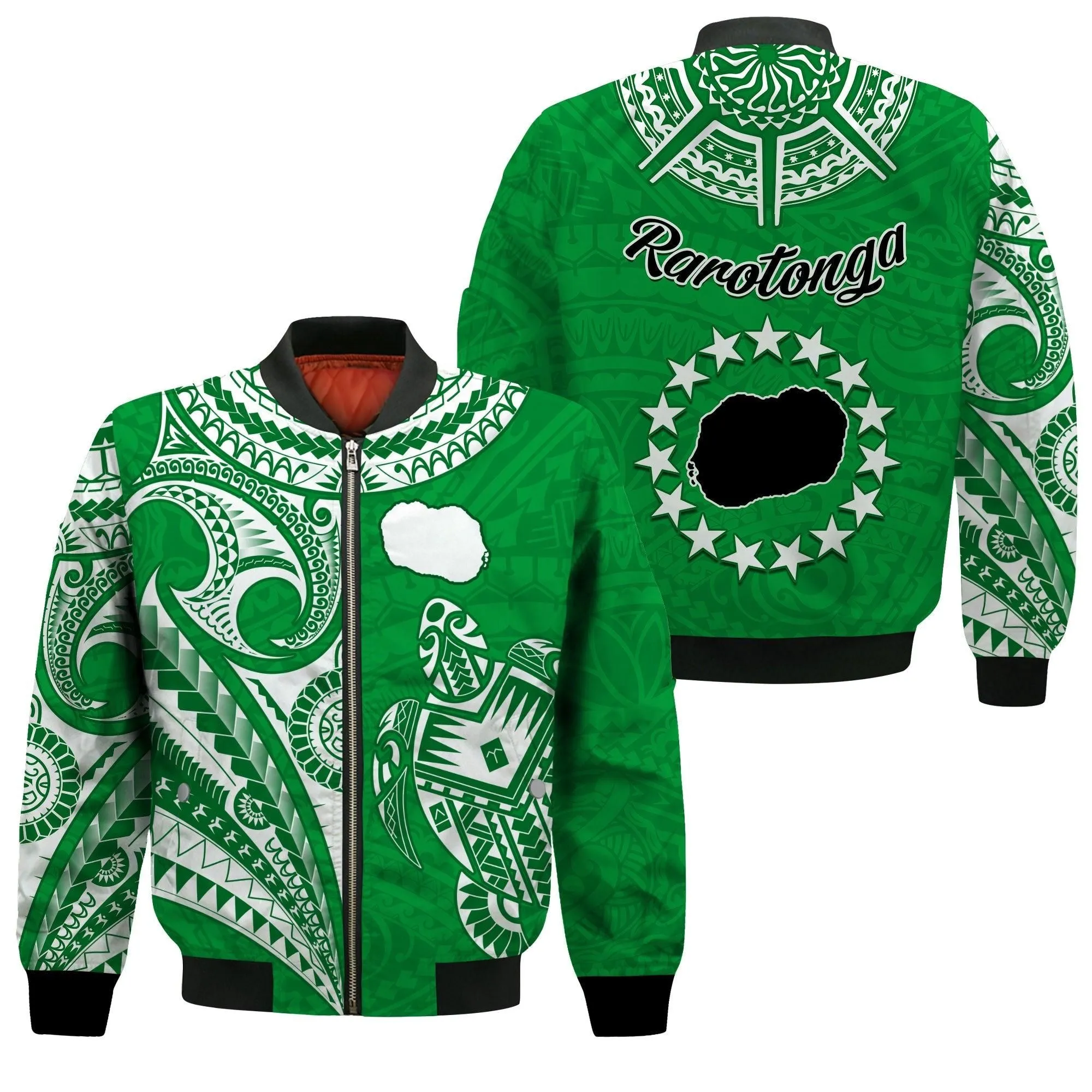 Rarotonga Cook Islands Bomber Jacket Turtle and Map Style Green LT13