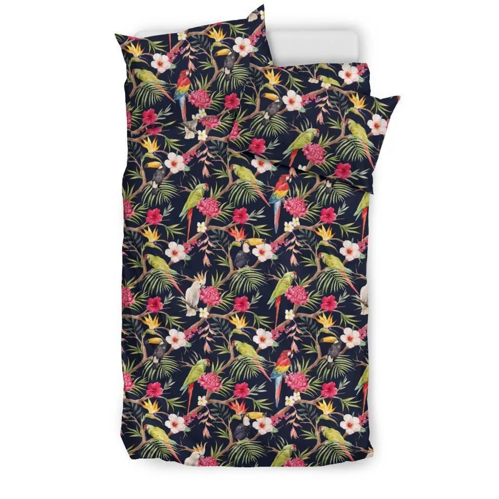 Hawaiian Tropical Hibiscus, Strelitzia Palm Leaves Parrot Toucan Polynesian Bedding Set